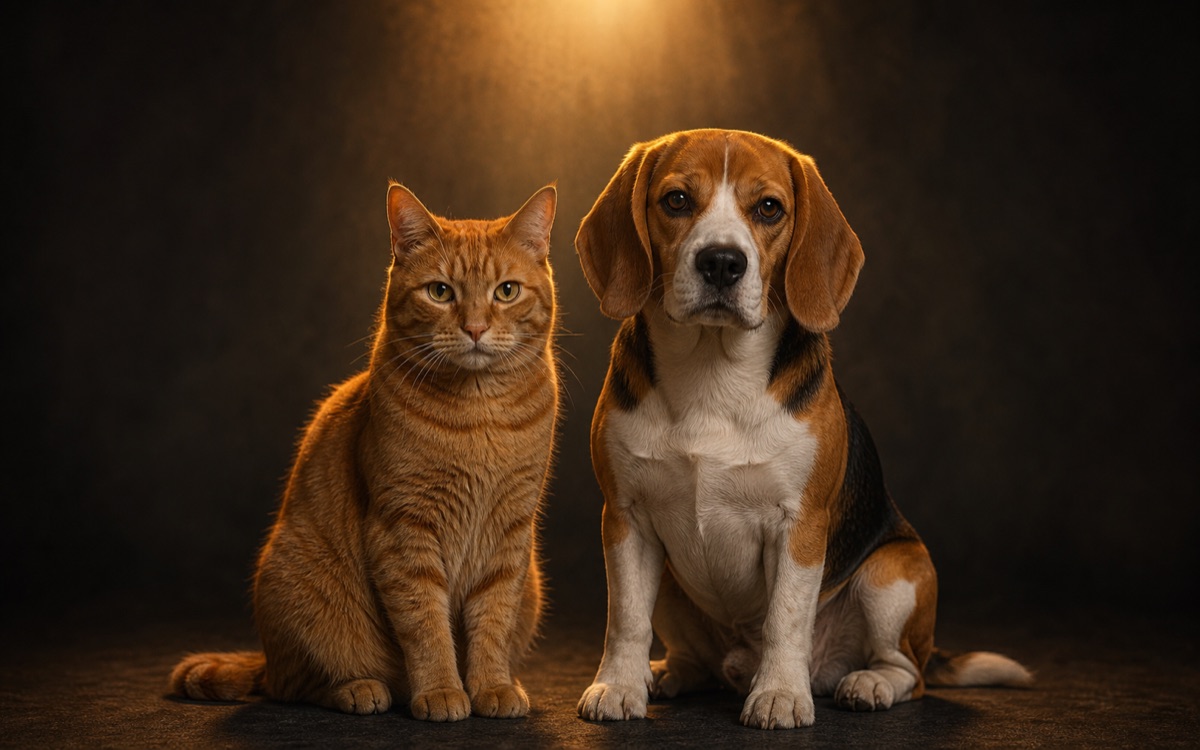 A cat and dog posed together under a studio spotlight
