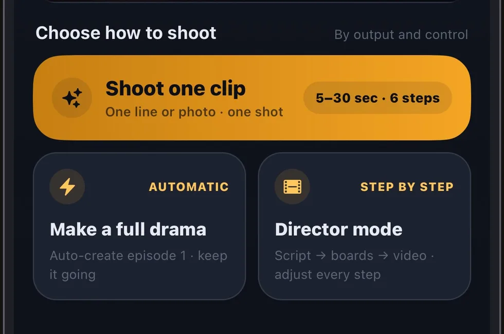 The InkFlick creation screen showing Quick Clip, Full Drama, and Director Mode