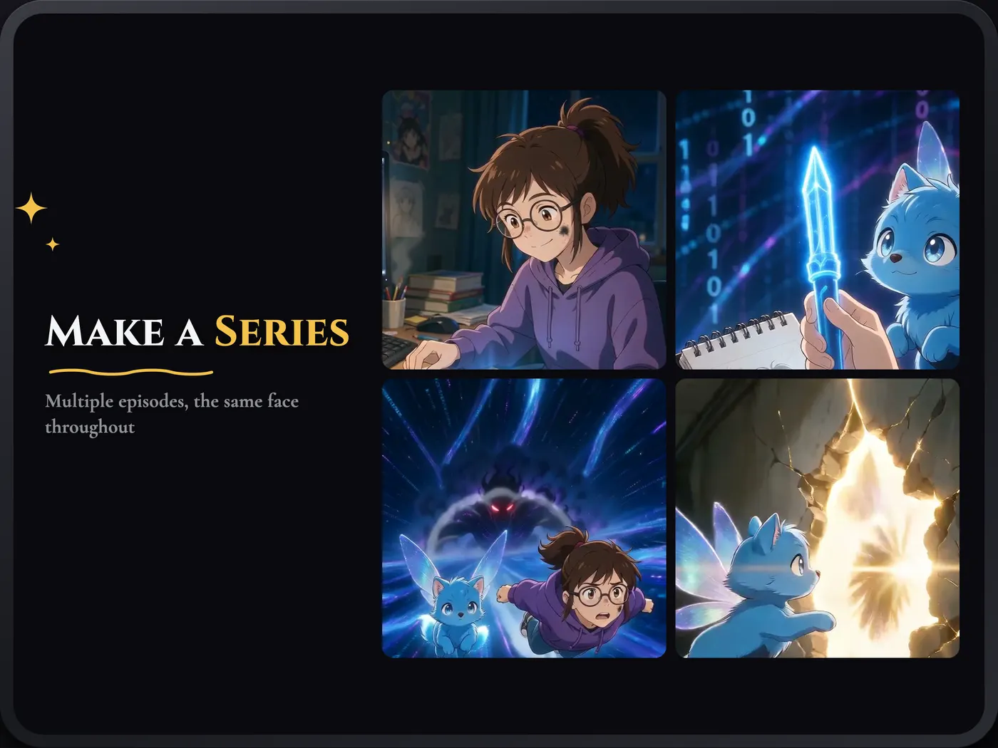 Four connected InkFlick anime scenes demonstrating a continuing series