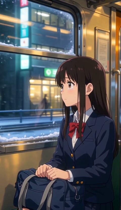 An InkFlick-generated anime student watching snow from a train